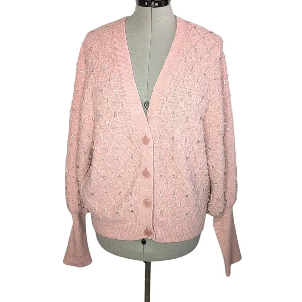 Express Pink Pearl & Crystal Cardigan Sweater with Diamond Knit Pattern, size XL
